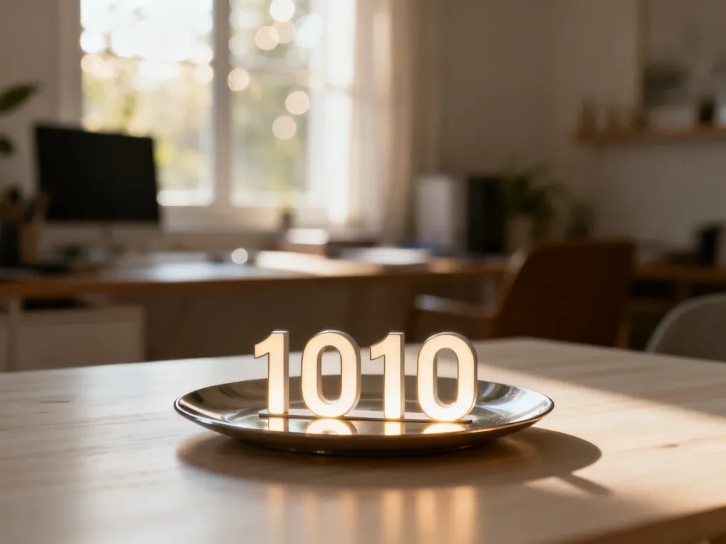 Elegancka metalowa tabliczka z podświetlanym napisem „1010” na drewnianym stole, symbolizująca znaczenie tej liczby.