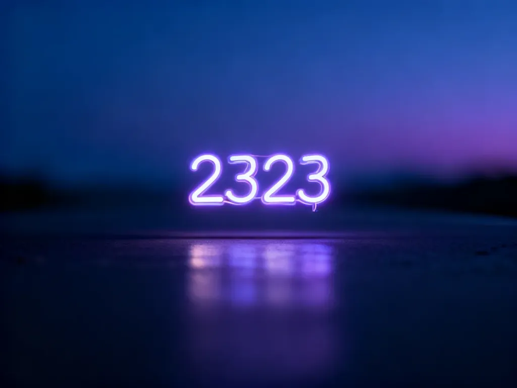 Świecące neonowe liczby „2323” na ciemnym, mistycznym tle, symbolizujące duchowe znaczenie tej sekwencji w numerologii.