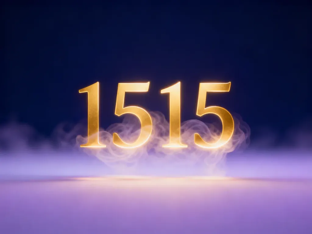 Złote, świecące liczby 1515 unoszące się na mistycznym, fioletowo-indygo tle, symbolizujące duchowe znaczenie tej sekwencji.