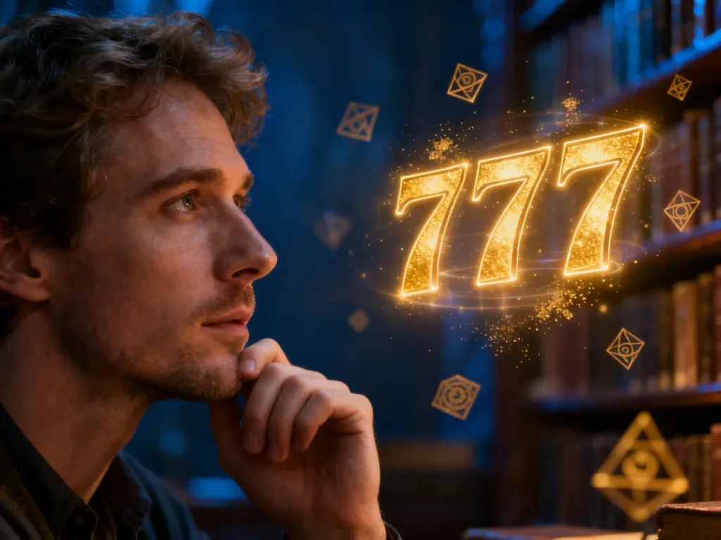 Mężczyzna zamyślony nad złotą, holograficzną liczbą 777 w mistycznej bibliotece, symbolizującą duchowe znaczenie tej liczby.