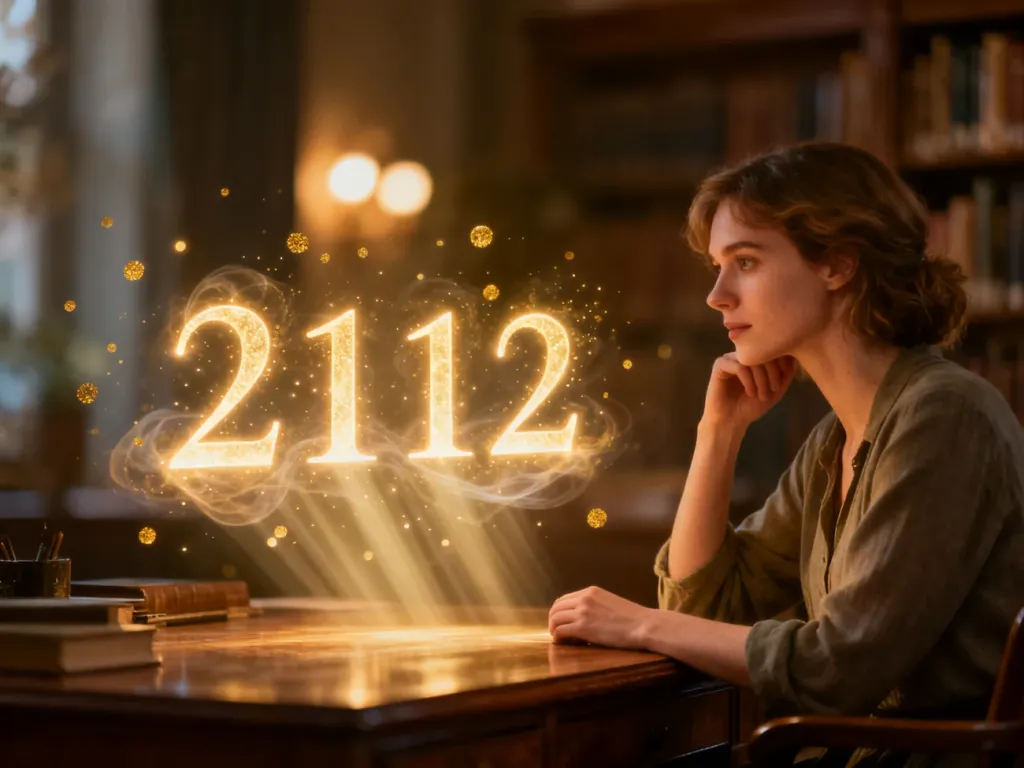 Kobieta w przytulnej bibliotece wpatruje się w mistyczną, świecącą liczbę 2112, symbolizującą przekaz numerologiczny.