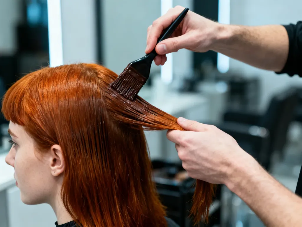 Fryzjerka nakłada ciemnobrązową farbę na rude włosy klientki w profesjonalnym salonie fryzjerskim.