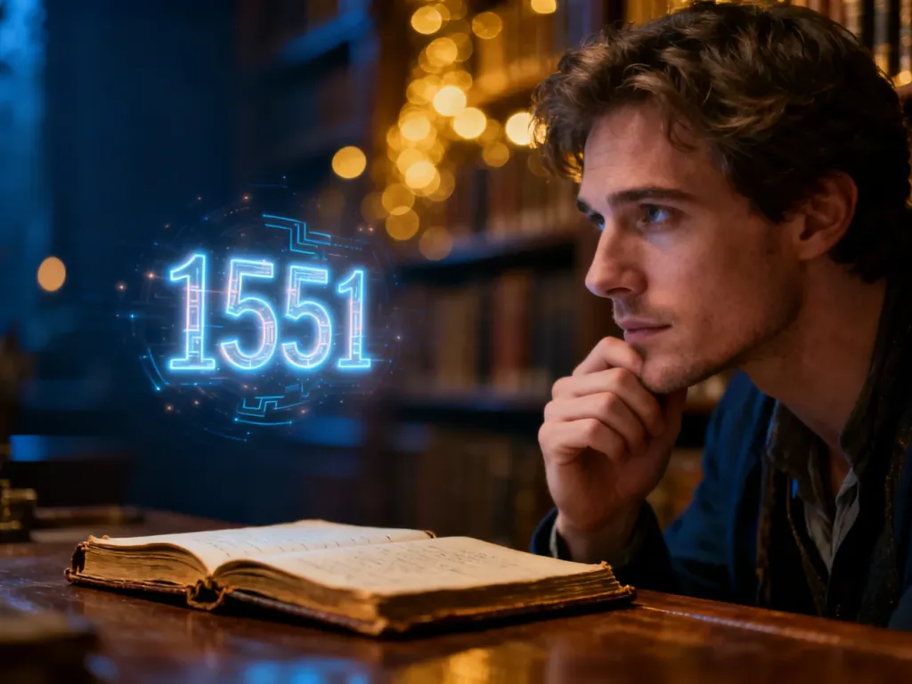Mężczyzna zamyślony nad unoszącą się w powietrzu, świetlistą liczbą 1551 w klimatycznym wnętrzu biblioteki.
