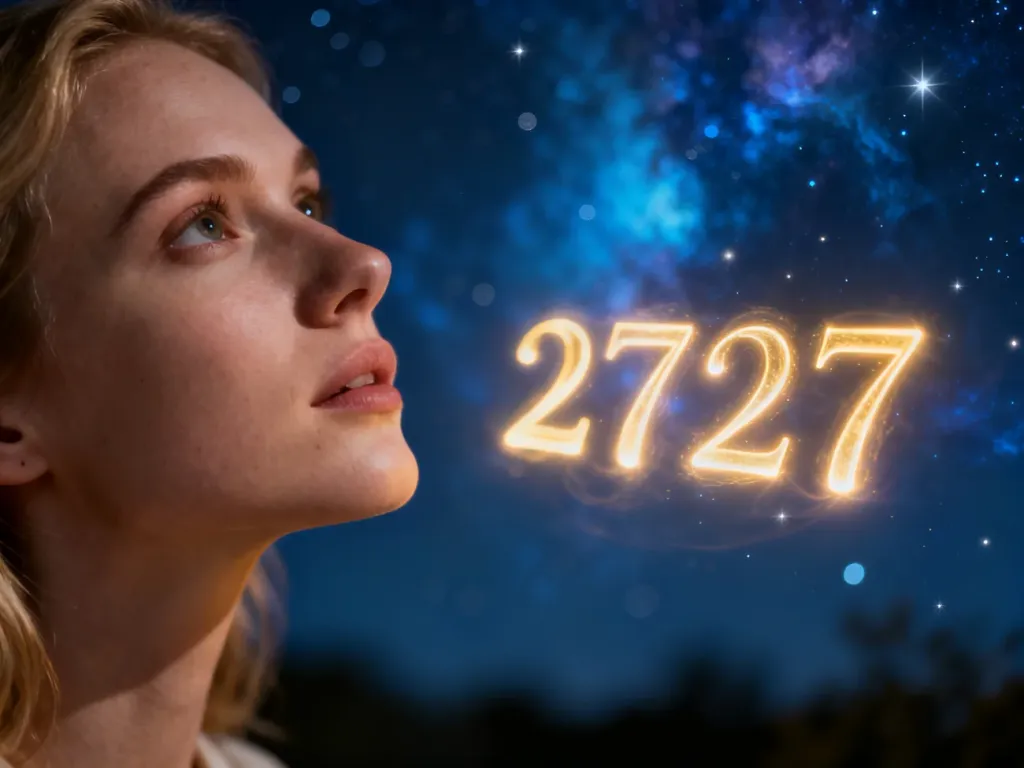 Kobieta zamyślona nad nocnym niebem, w którym unoszą się świetliste, złote cyfry 2727, symbolizujące przekaz numerologiczny.