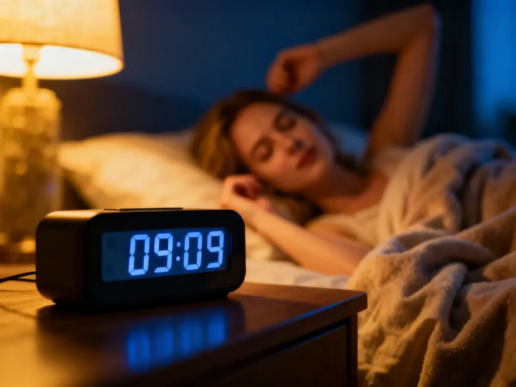 Kobieta budząca się w przytulnej sypialni przy zegarze cyfrowym wskazującym godzinę 09:09.