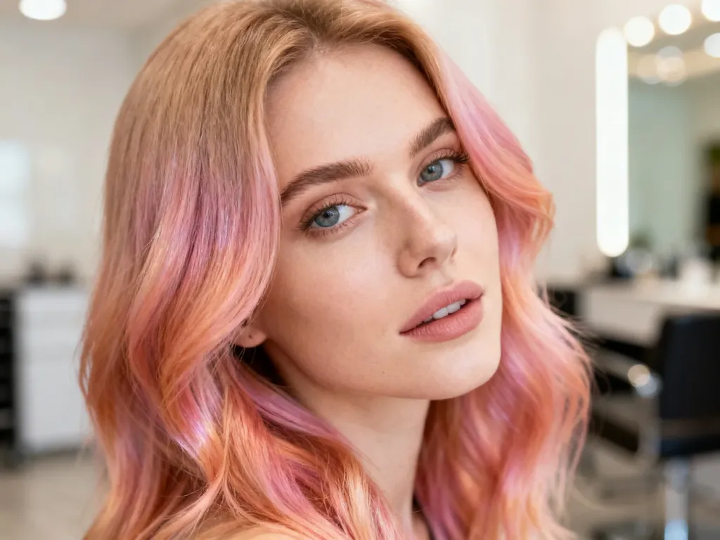 Kobieta z modną koloryzacją włosów w nowoczesnym salonie fryzjerskim, prezentująca najnowsze trendy sezonu.