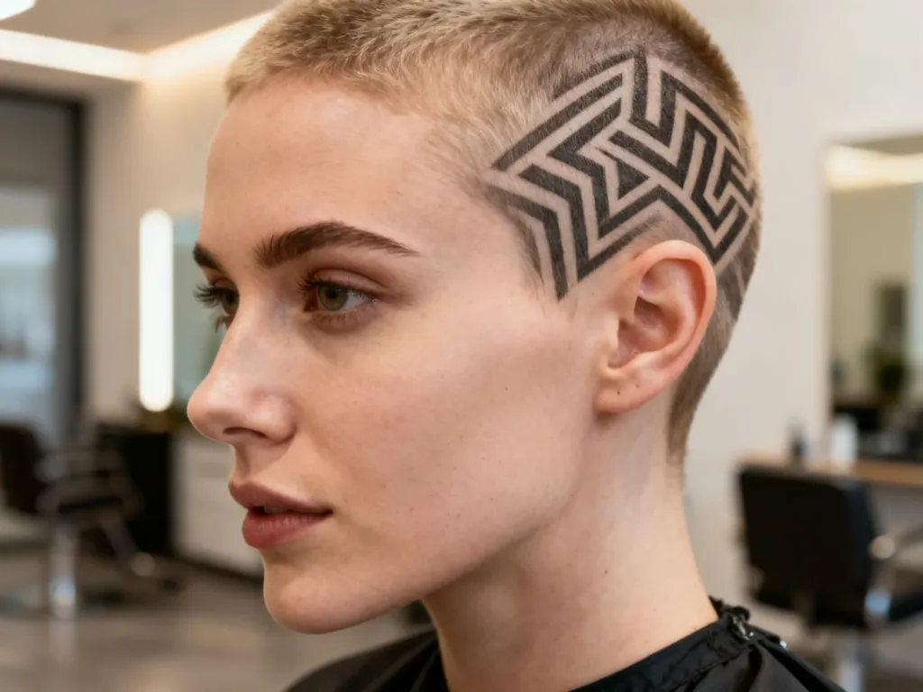 Kobieta z precyzyjnie wygolonym geometrycznym wzorem na boku głowy w nowoczesnym salonie fryzjerskim.