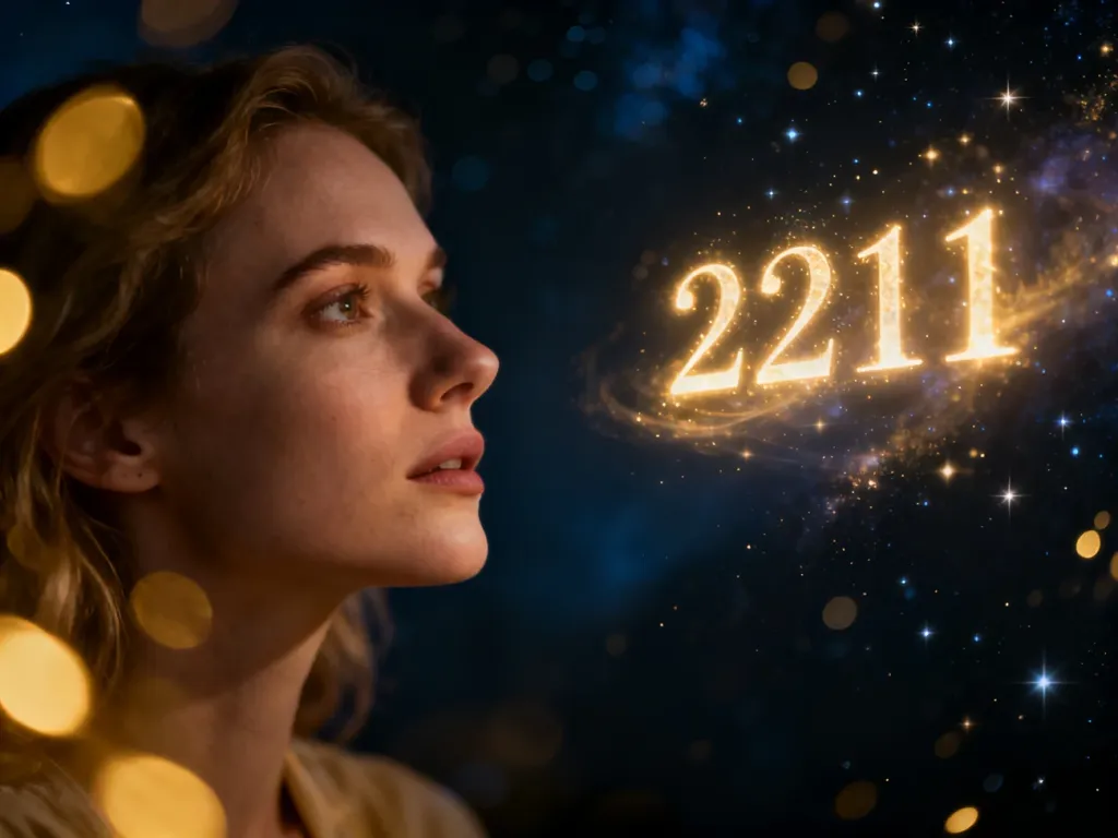 Kobieta zamyślona nad eteryczną liczbą 2211 unoszącą się w kosmicznej przestrzeni, symbolizującą przekaz numerologiczny.
